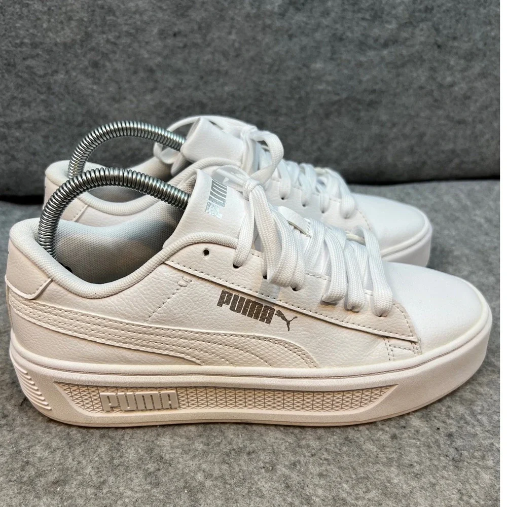 Puma White Leather Platform Sneakers Casual‎ Lace Up Shoes Classic Women's 8.5
